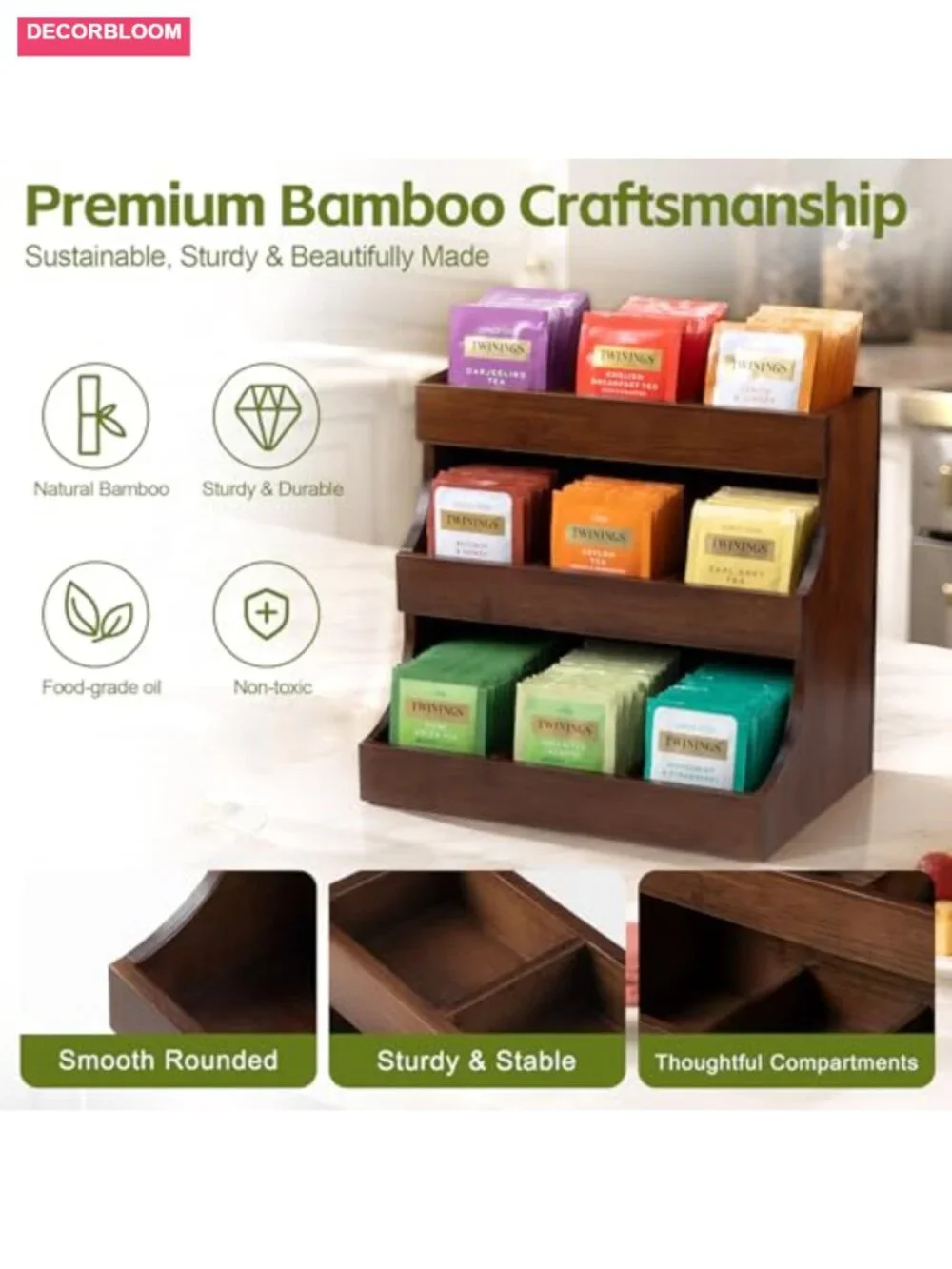 3-Tier Bamboo Tea Bag Organizer, Holds 180 Bags, No Assembly